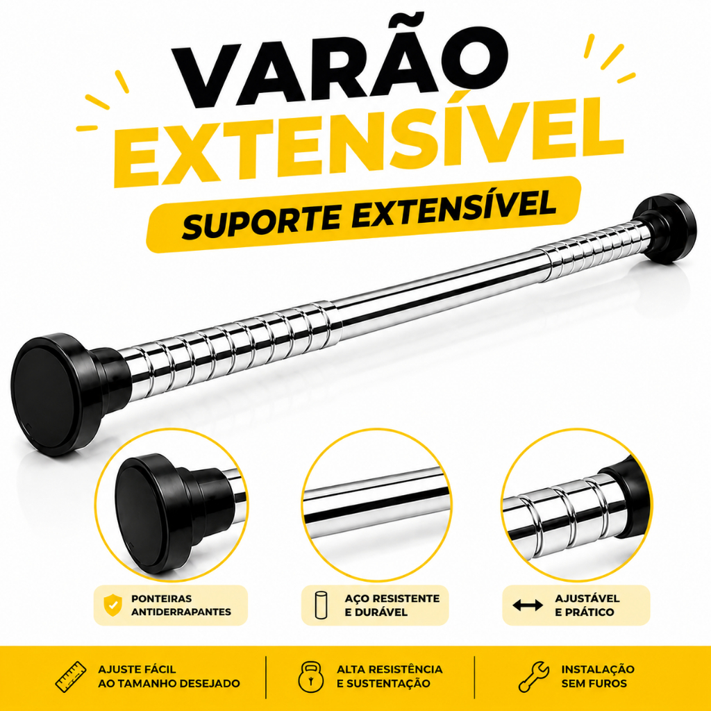 Varão Extensível Aço Inox Ajustável Sem Furar Parede para Cortina Box Pia e Guarda-Roupa
