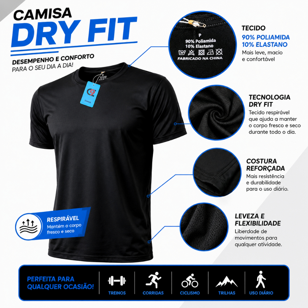Camiseta Masculina Dry Fit Poliamida Elastano Academia Treino