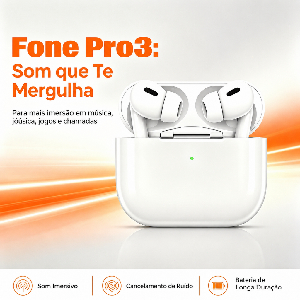 Fone de ouvido sem fio PRO 3, cancelamento de ruído, bluetooth com pop‑up, compatível com iOS e Android