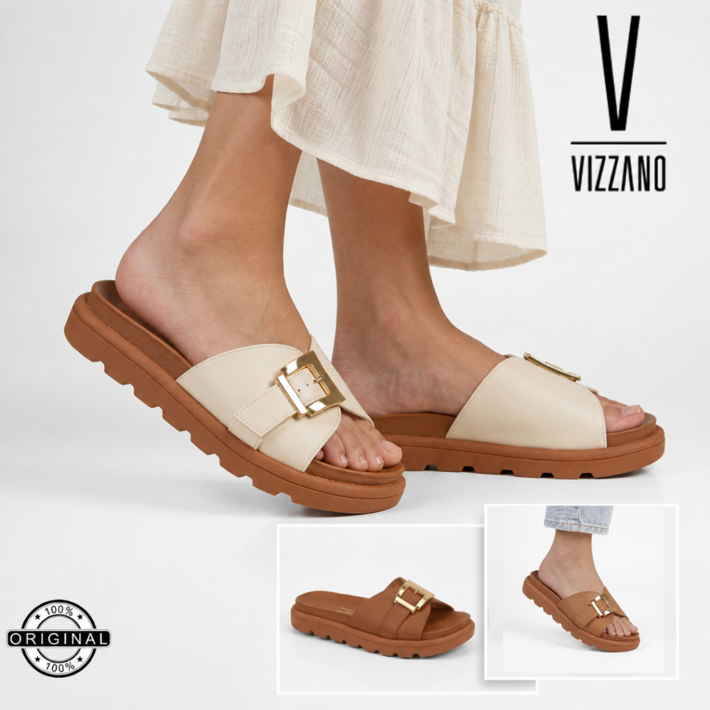 Sandália Feminina Papete Vizzano Fivela Detalhe Dourado Flatform Tratorada Confortável Casual 6510130 Original