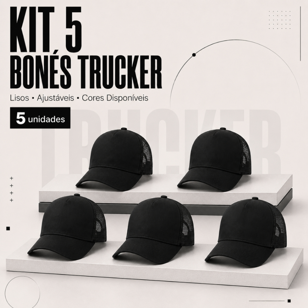 Kit 5 Bonés Trucker Americano Liso Tela Respirável Aba Curva Fecho Snapback Personalizavel