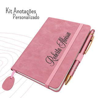 Kit Mini Caderneta Personalizada Emborrachada Rosa e Caneta Rosa Touch Dia Dos Professores Outubro Rosa