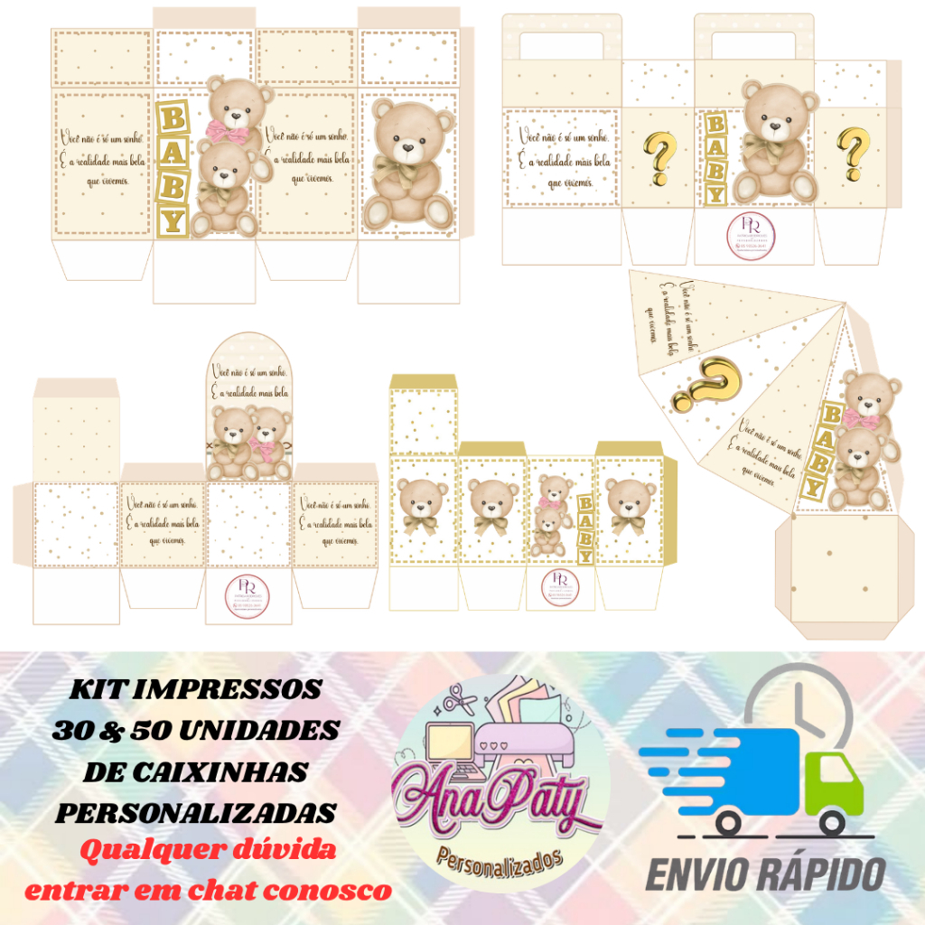 Kit 30 & 50 Caixinhas Lembrancinhas Personalizadas Ursinhos Dourado – Caixinhas para recortar e montar - Revelação