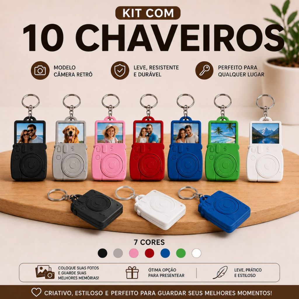 Kit 10 Chaveiros 5cmx5cm Porta-Retratos Formato de Câmera Retrô 3D Para o Dia dos Pais Dia dos Namorado Presente