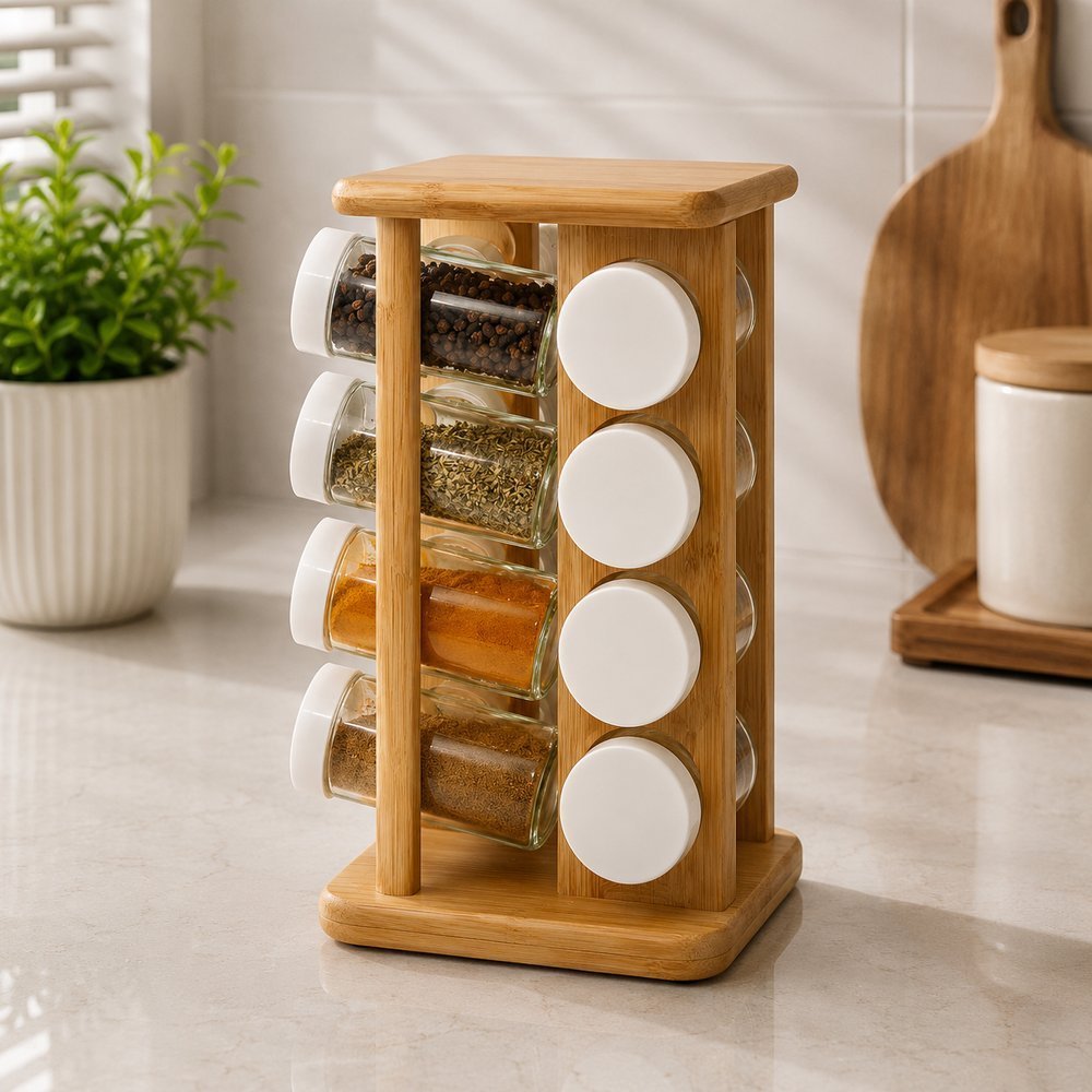 Porta Temperos Giratório em Bambu com 16 Frascos Vidro Tampa Dosadora Linha Keep Cozinha Organizada e Elegante