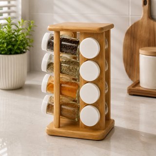 Porta Temperos Giratório em Bambu com 16 Frascos Vidro Tampa Dosadora Linha Keep Cozinha Organizada e Elegante