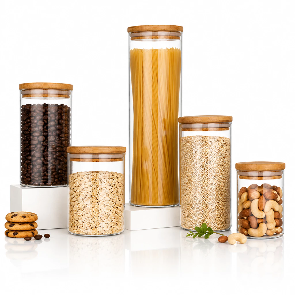 Kit 5 Potes Mantimentos Vidro Herméticos Com Tampa Bambu Alta Resistência Epsilon Transparente — imagem 1