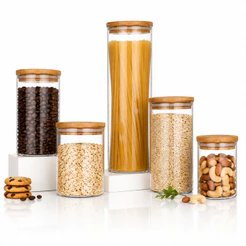 Kit Potes Mantimentos Vidro Herméticos Com Tampa Bambu Alta Resistência Epsilon Transparente