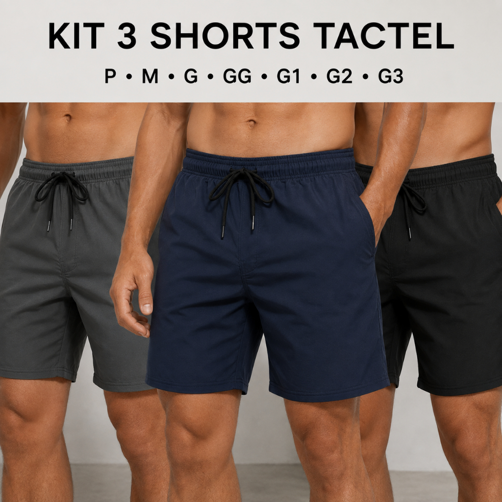 Kit 3 Shorts Masculino Bermuda Tactel com Elastano Bolsos Elastano Academia Treino Praia Verão Tamanhos Grandes P ao G3