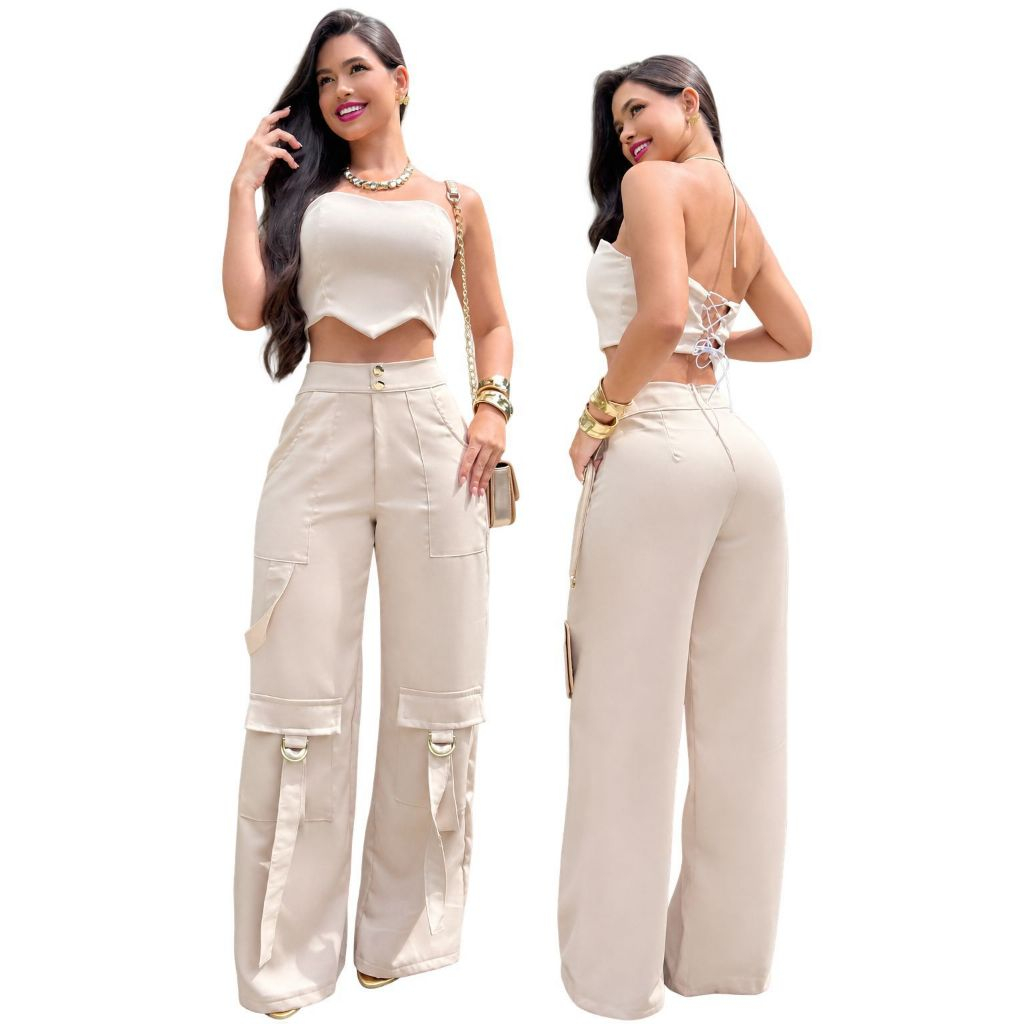 Conjunto, Calça cargo pantalona + CORSET Alfaiataria premium PP ao XGG