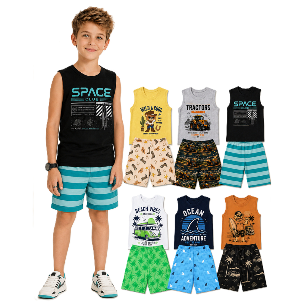 Kit 2 Peças de Conjunto Regata para Meninos Infantil Masculino Roupa de Bebe Verão Estampado em Algodão para Calor