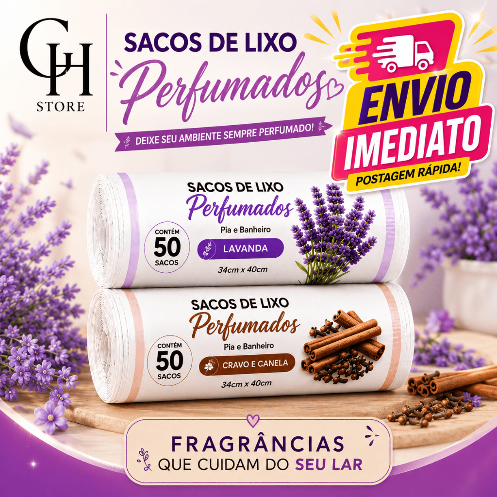 Kit Sacos de Lixo Perfumados Lavanda | Pia e Banheiro | 34x38cm | Neutraliza Odores