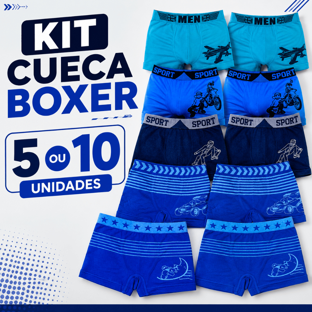 Kit 5 ou 10 Cuecas Boxer Infantil Menino Microfibra Estampadas Confortáveis 2 a 10 Anos