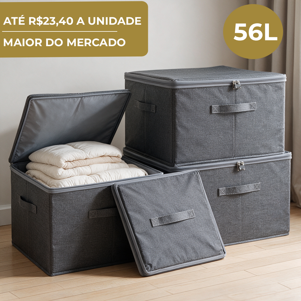 Caixa Organizadora Grande para Armazenamento de Roupas Cobertores 56L / Dobrável Impermeável Com Zíper Lavável