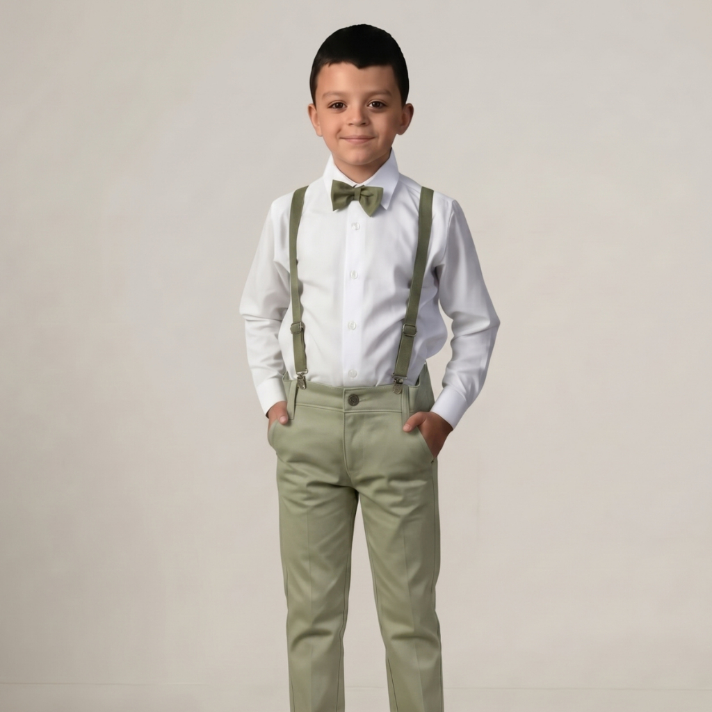 Conjunto Social Infantil Verde Oliva Menino Roupa Pajem Casamento Batizado Camisa Calça Suspensório 1 a 16 Anos