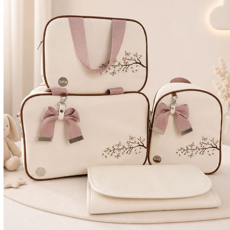 Bolsa Maternidade kit com 4 Peças impermeável Bordado Menina/Menino trocador