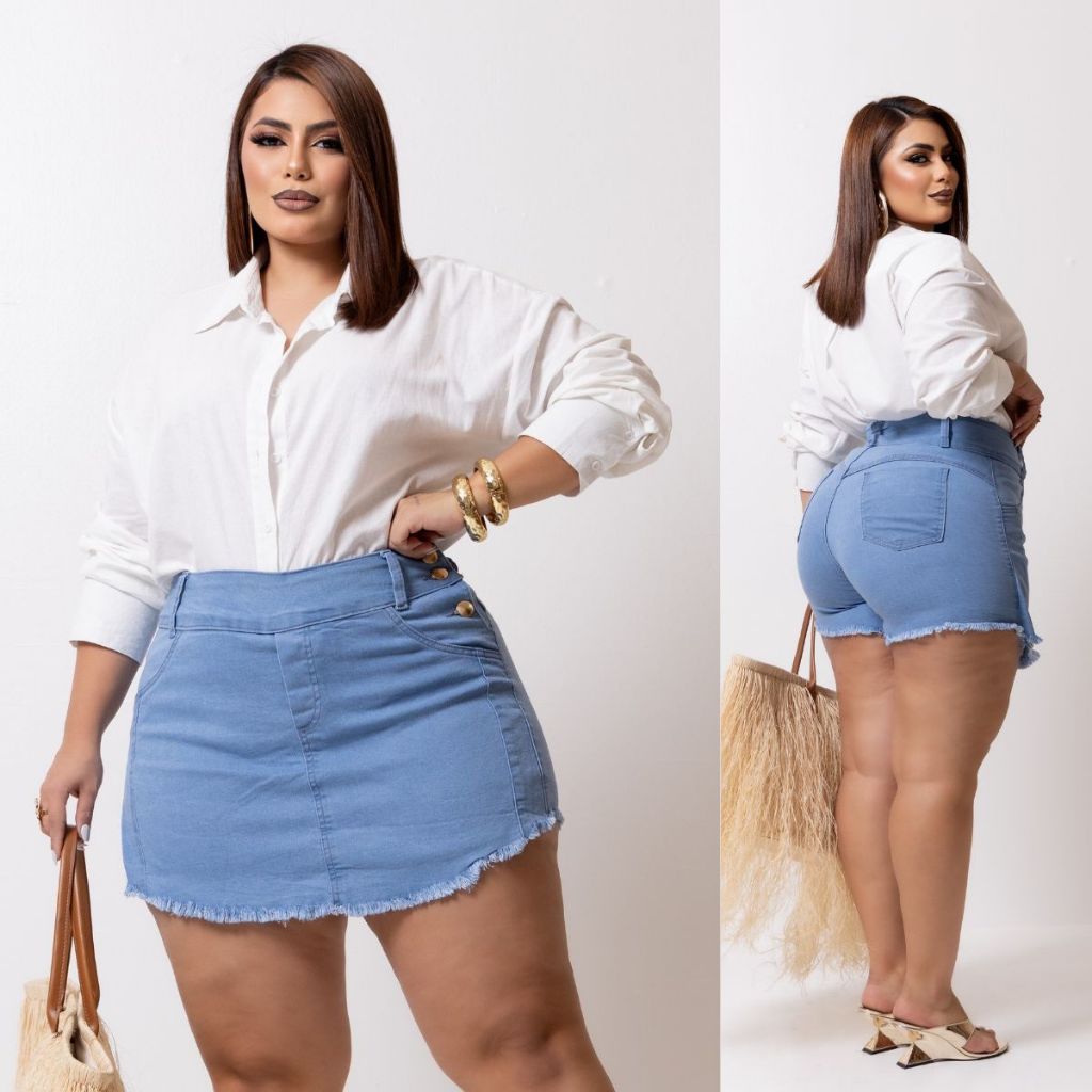Short Saia Jeans Feminino Plus Size C/ Lycra cintura alta moda feminina