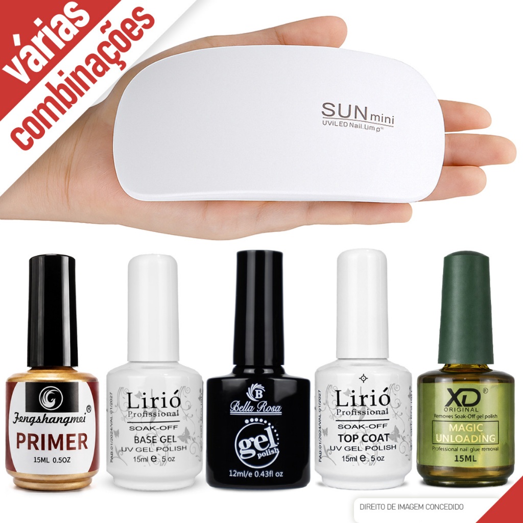 Kit Esmaltação em Gel c/ Top Coat Primer Magic Remover Esmalte Unhas Manicure