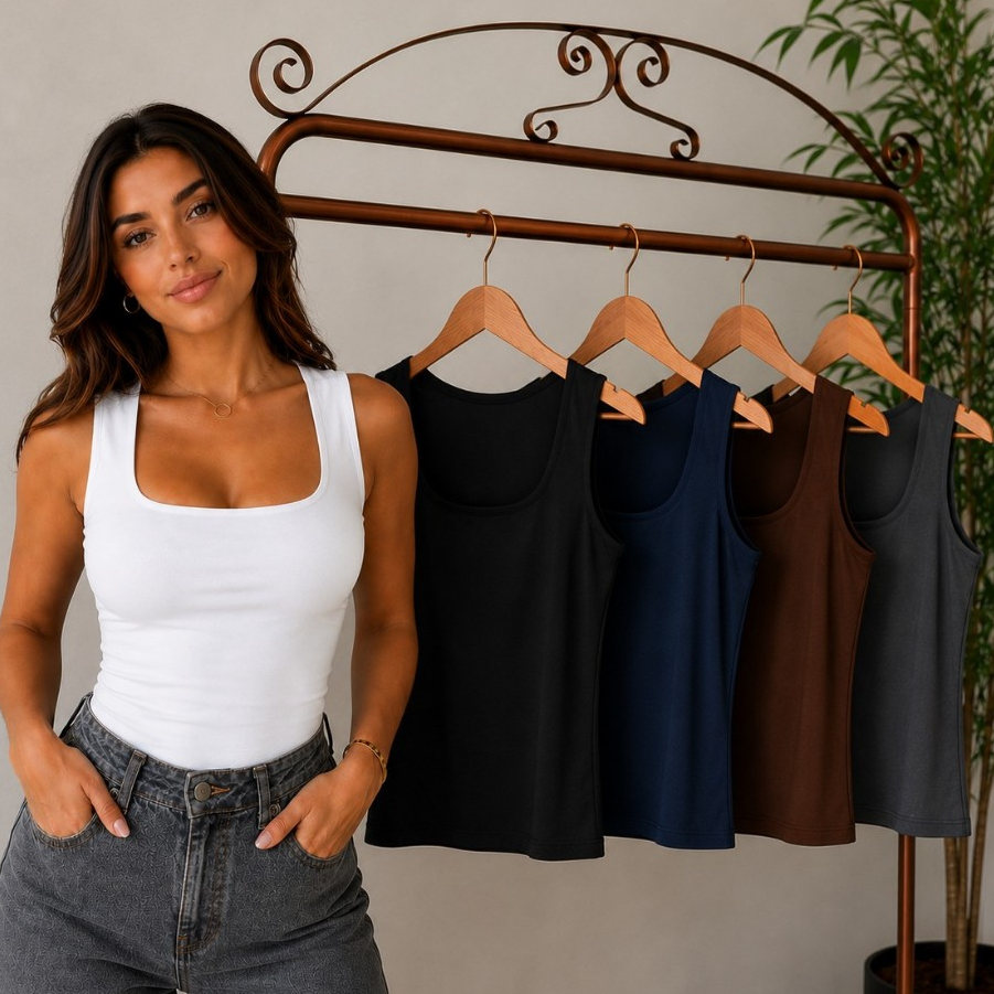 Regata Feminina Básica Lisa Decote Quadrado Blusinha Suplex Verão Alcinha Unidade/Kit