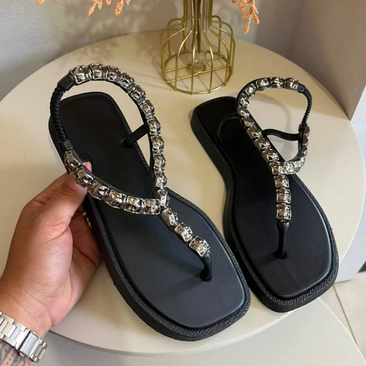 Sandália Rasteira Feminina Luxo Pedraria Strass Brilhante Confortável Elegante Sandália de Qualidade Premium