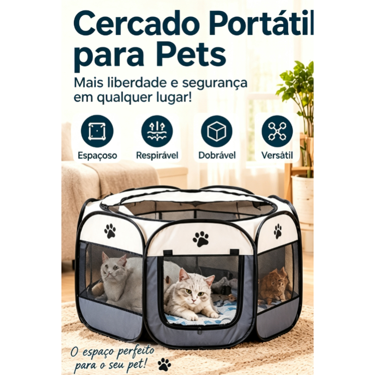 Playpen Tenda Octogonal para Pet Médio Cinza Dobrável Malha Transparente Respirável para Gato Cão Viagem