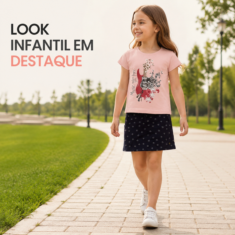 Conjunto Infantil Feminino Camiseta e Saia Estampada – Moda Infantil  – Roupa Infantil Confortável Casual 4 a 10
