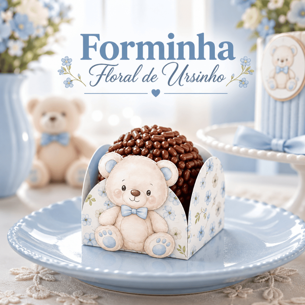 Forminha para Docinho Ursinho Chá Revelação ou Chá de Bebê | Forminha Brigadeiro Floral Azul Festa Menino