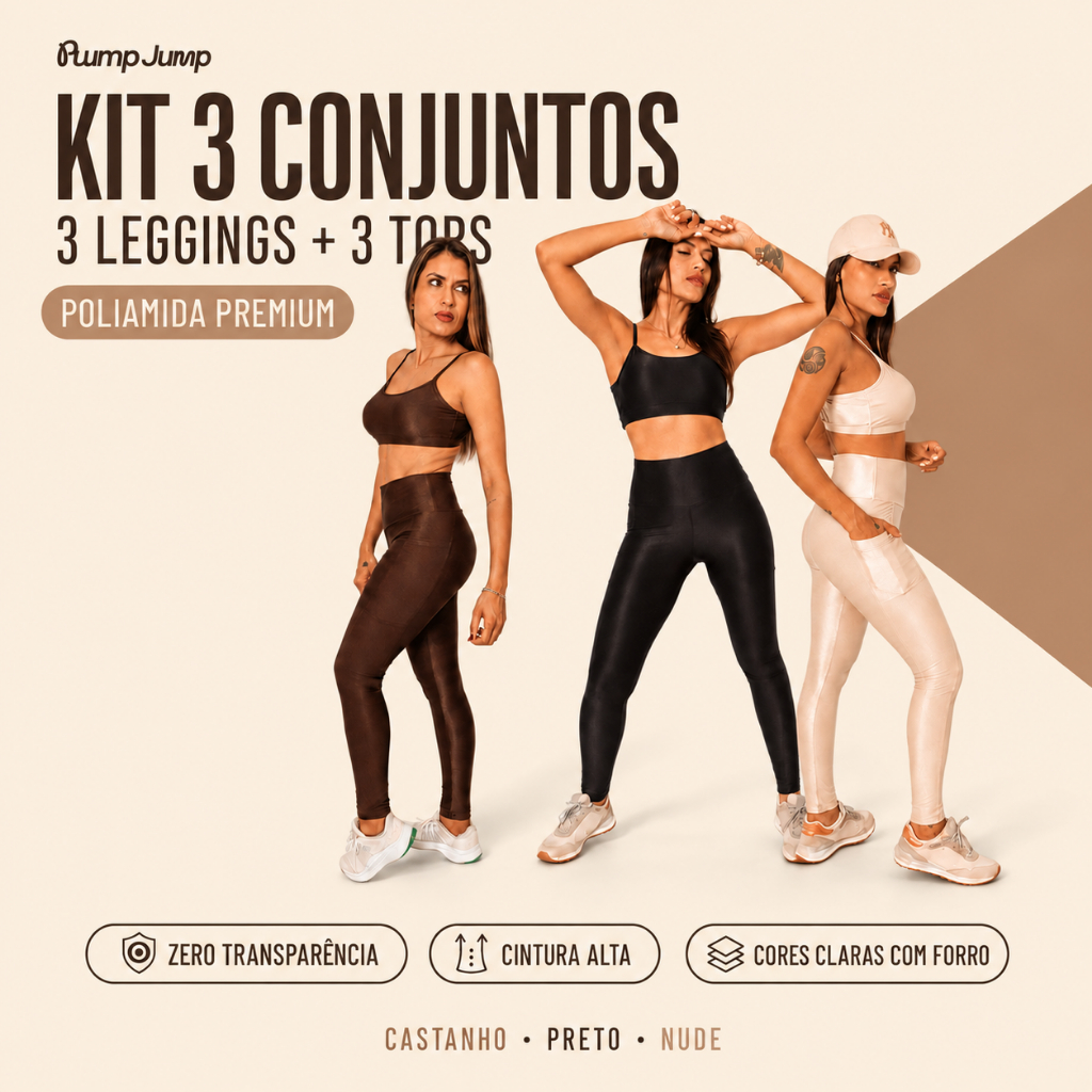 Kit 3 Conjuntos Legging com Bolso + Top Fita Costas Abertas Alta Compressão Poliamida Fitness Feminino