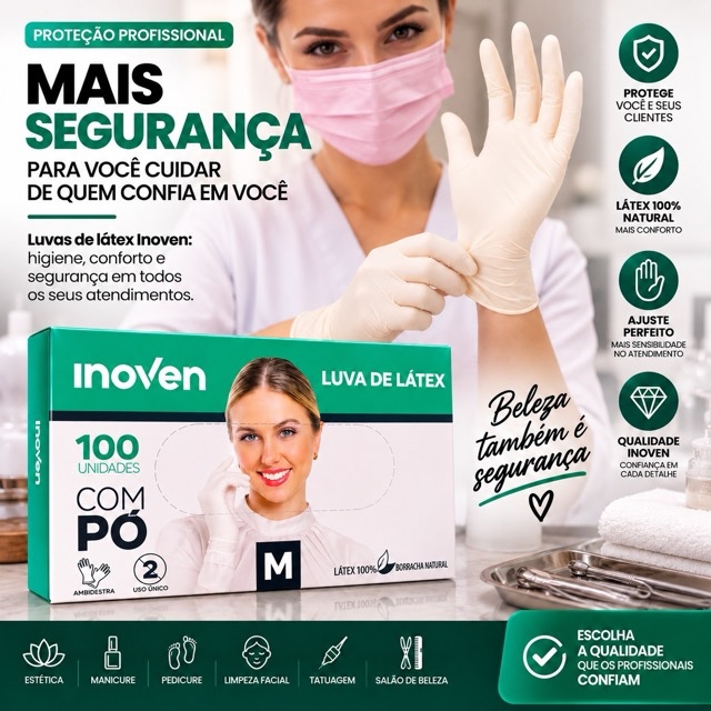 Luva de Látex Branca com Pó Inoven Tamanho M para Procedimentos emborrachada