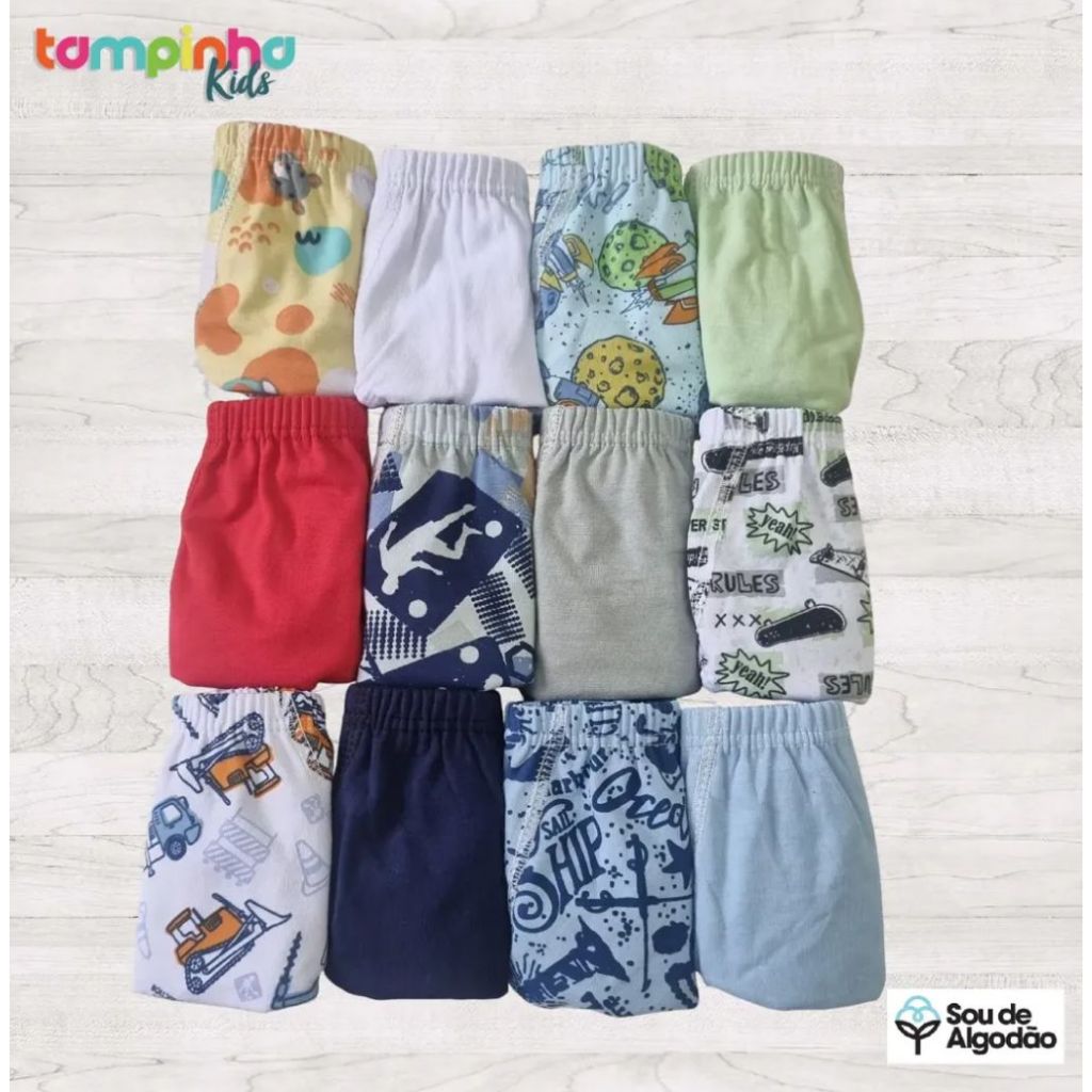 Kit 12 Cuecas Infantil Menino Slip Algodão Sortido Tampinha Kids
