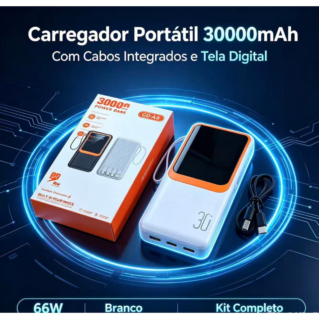 Power Bank 30000mAh PD 66W Carregador Portátil Carregamento Rápido Bateria Externa Universal Para Celular Tablet iPhone