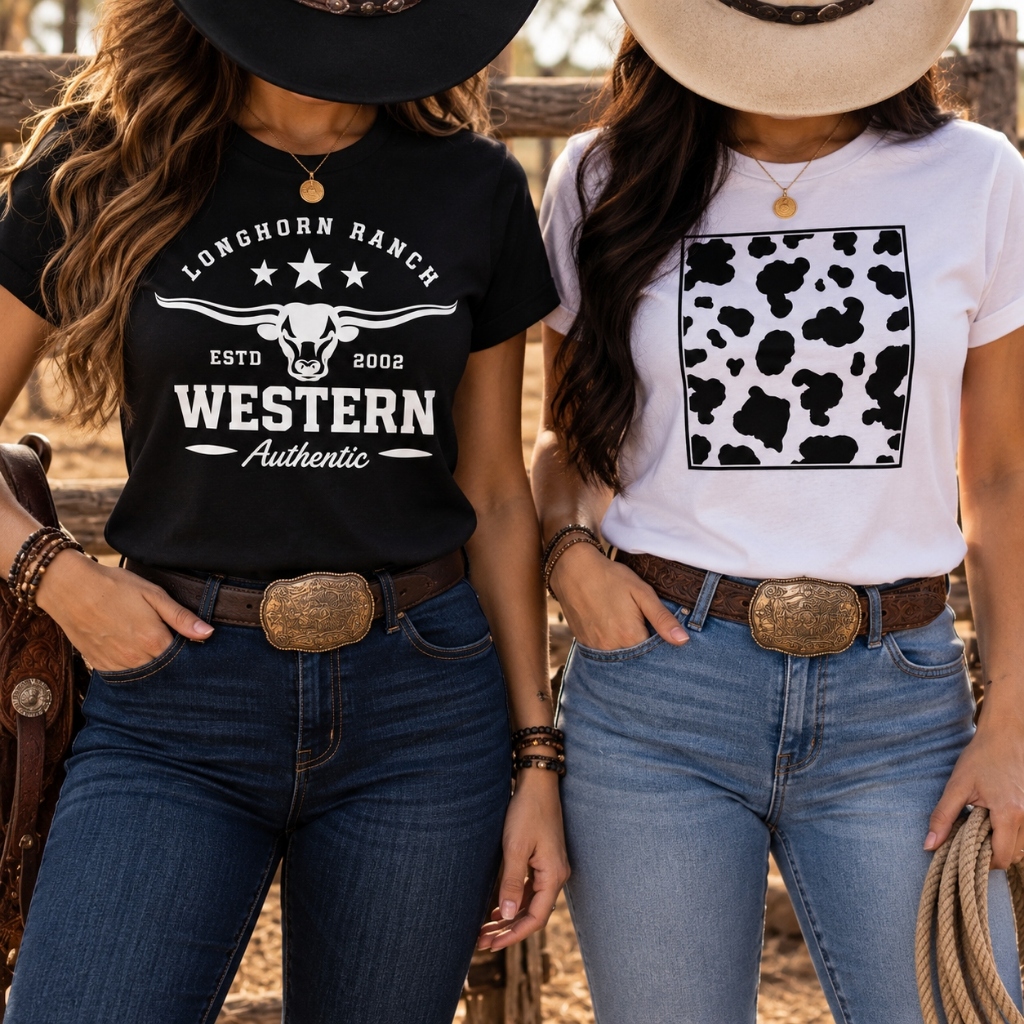Kit 2 Camisetas Femininas Country Rodeio Animal Print Casual Estampada Confortável Moda Feminina Tendência Algodão