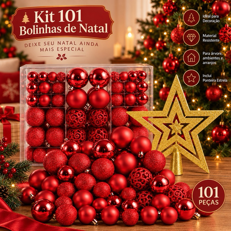 Kit 101 Bolas de Natal + Brinde Estrela enfeite decorativa clasicos e brilhantes