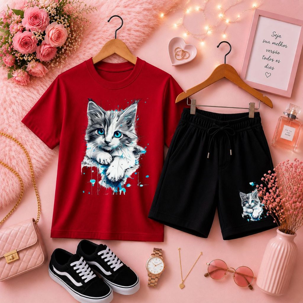 Roupa Infantil Feminina Conjunto de Camiseta Básica e Short de Moletom Confortável para Menina Estampa de Gatinho
