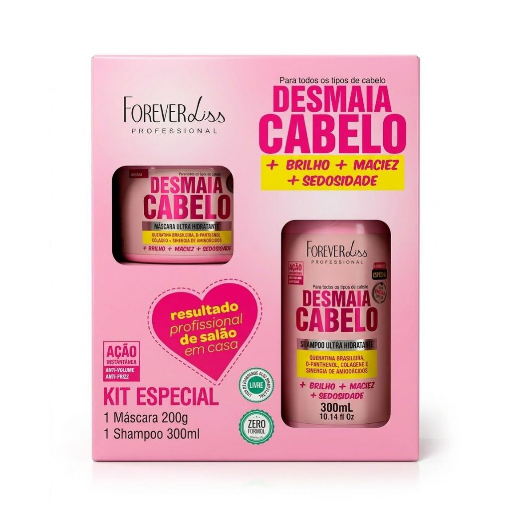 Desmaia Cabelo Forever Liss Kit Especial Shampoo Máscara Condicionador Anti Frizz Profissional