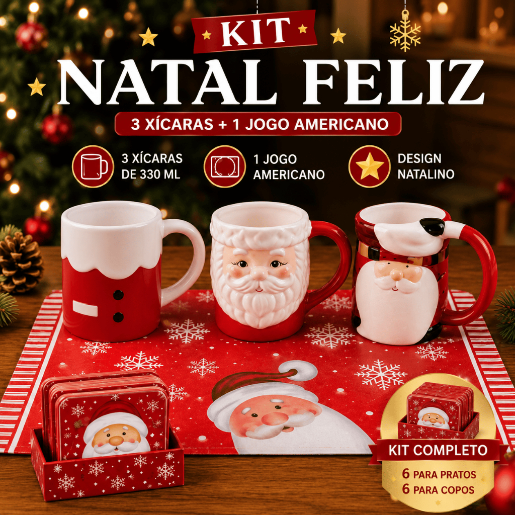 Kit Natalino Canecas 330ml Jogo Americano Porta-Copos Natal Festa Presente