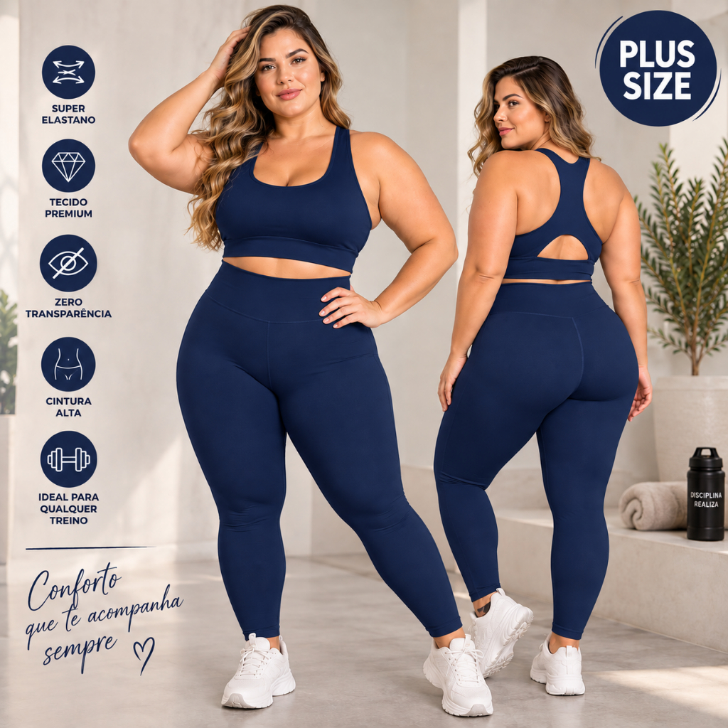 Conjunto Fitness Plus Size Cintura Alta G1 G2 G3 G4 | Legging Modeladora Zero Transparência + Top Nadador | Academia