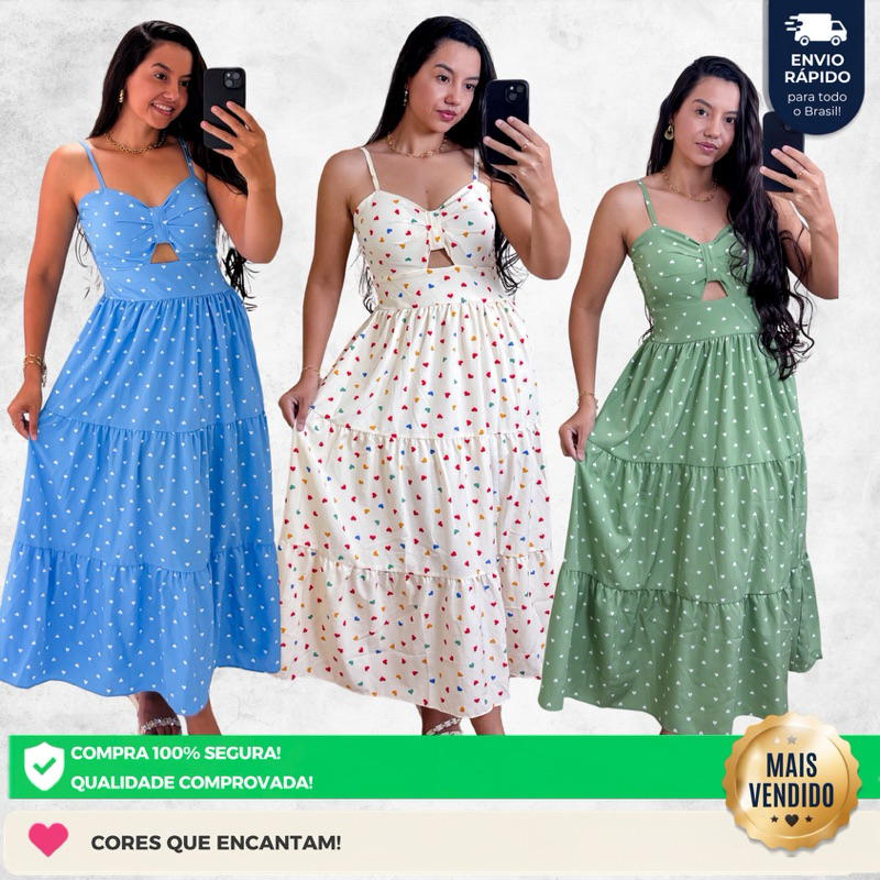 Vestido Midi Feminino Corações Com Bojo Removível Alças Reguláveis Verão