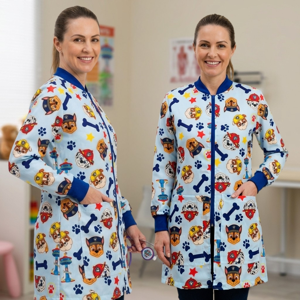 Jaleco Feminino Temático Cachorrinhos Profissional Confortável Clínica Escola Estética