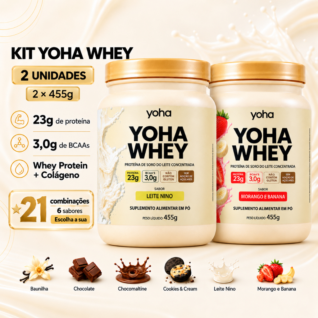 Kit 2x Whey Protein 100% Yoha 455g 23g Proteína + Colágeno Massa Muscular Vários Sabores Leite Ninho Camila Loures 910g