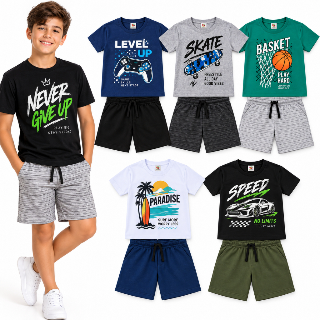Kit 6 Peças Infantil Menino - 3 Camisetas + 3 Bermudas Sortidas Estampadas