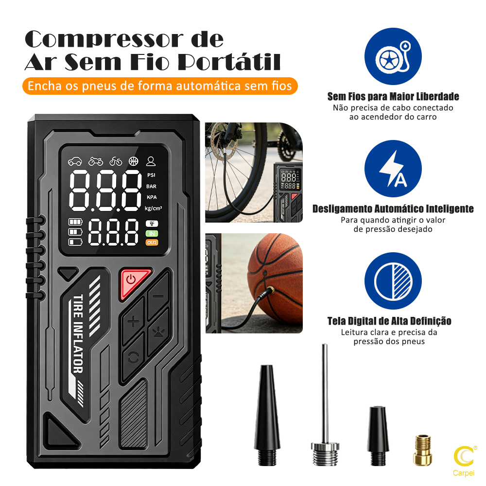 Compressor de Ar Portátil Sem Fio Digital Inflador de Pneus Carro Moto Bike com Bateria Recarregável e Power Bank