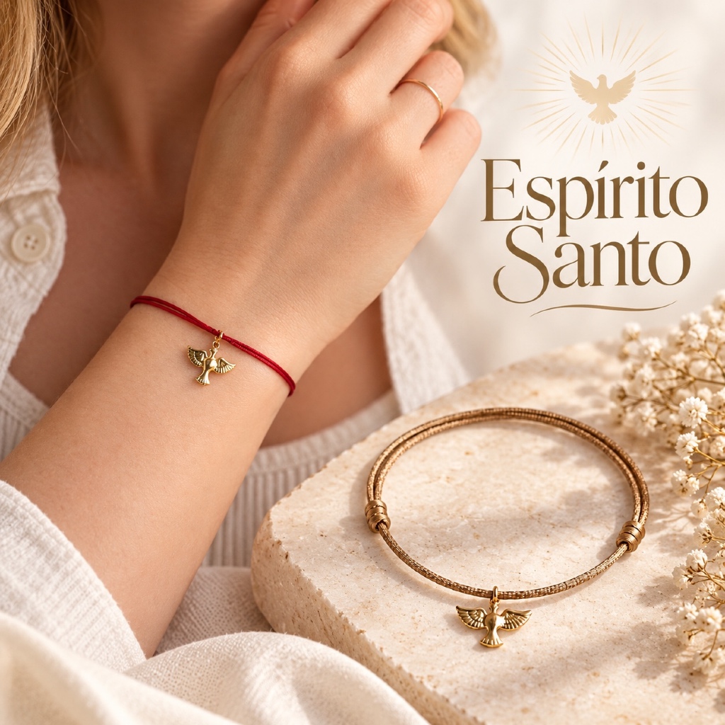 Pulseira Vermelha Espírito Santo Folheado Fé Proteção Acessório Religioso Ajustável