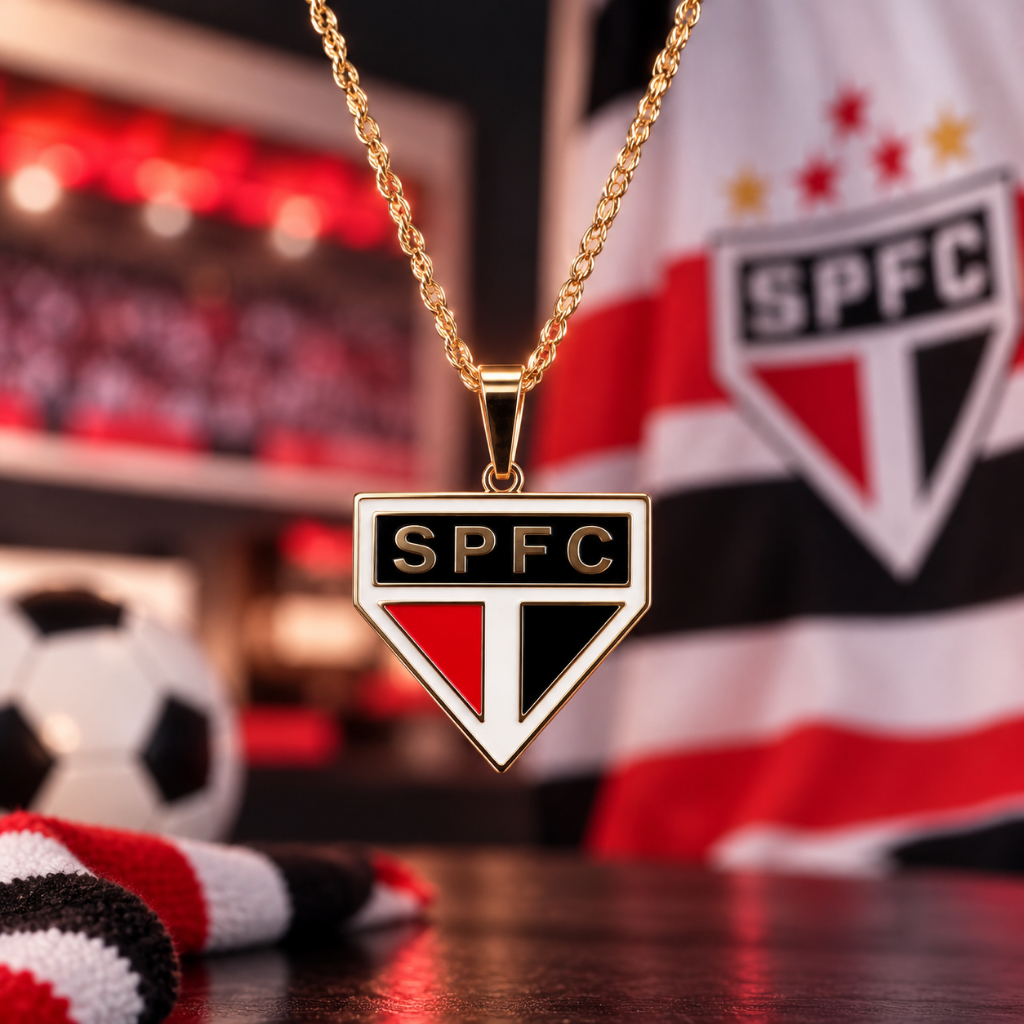 Colar SPFC ESMALTADO Folheado Com Pingente Escudo São Paulo Futebol Clube Presente Torcedor