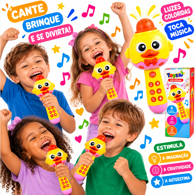 Microfone Infantil Com Bluetooth Luz e Som Música e Histórias Recarregável Interativo