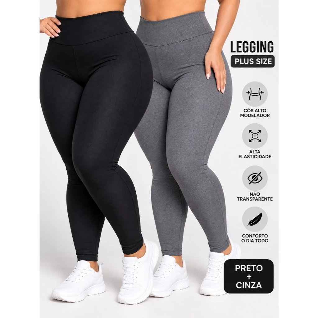 Kit 02 Legging Plus Size Feminina Suplex Cintura Alta Modeladora Academia Treino Fitness