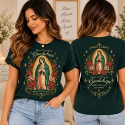 Camiseta Nossa Senhora de Guadalupe Feminina Católica Religiosa Estampa Frente e Costas Camisa de Fé Presente Religioso