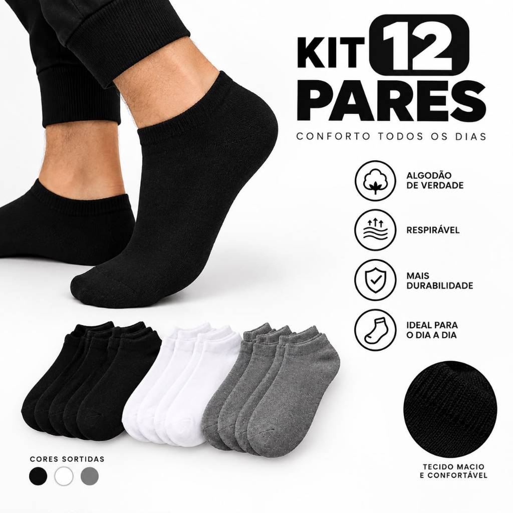 Kit 12 Pares De Meia Soquete Unissex Casual Cano Curto Preta Branca Sortida