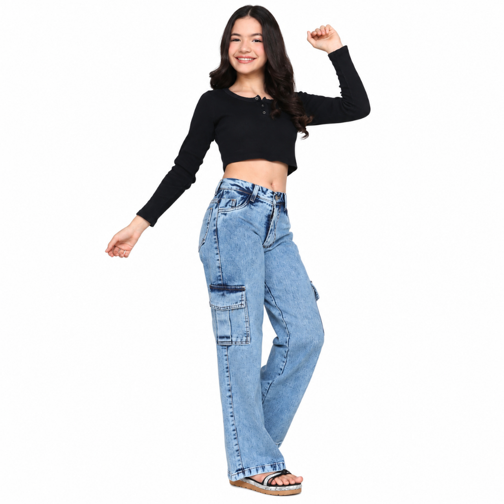 Calça jeans wide leg cargo marmorizada azul menina infantil juvenil 10 ao 16