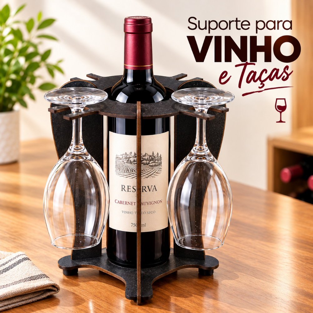 Suporte para Vinho e 4 Taças MDF | Adega Porta Garrafa e Taças